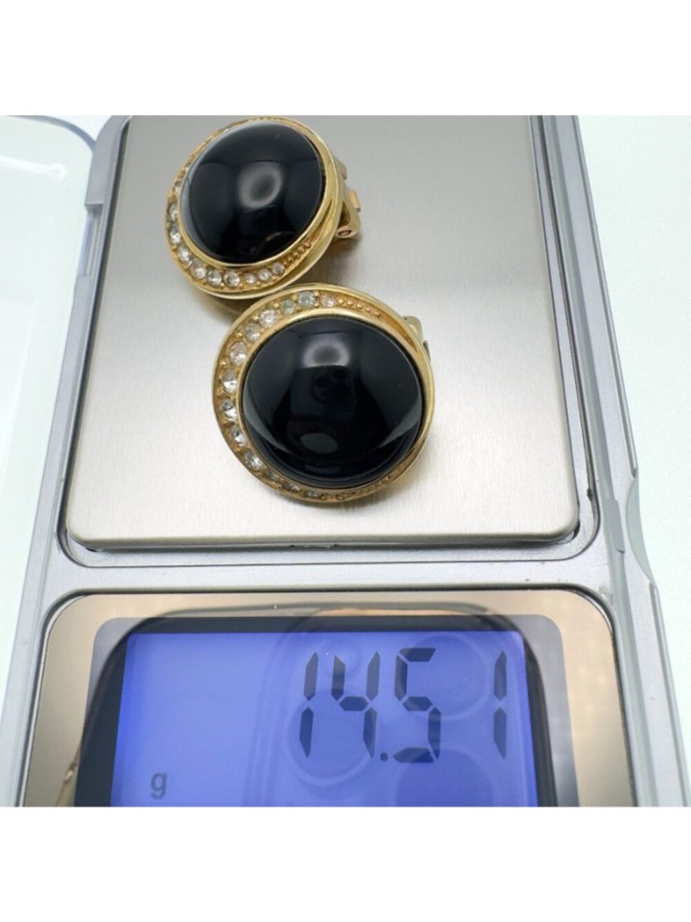 Authentic Dior Vtg 80s Black Onyx-Style Halo Clip-On Gold-Tone Crystal Earrings - Picture 5 of 11